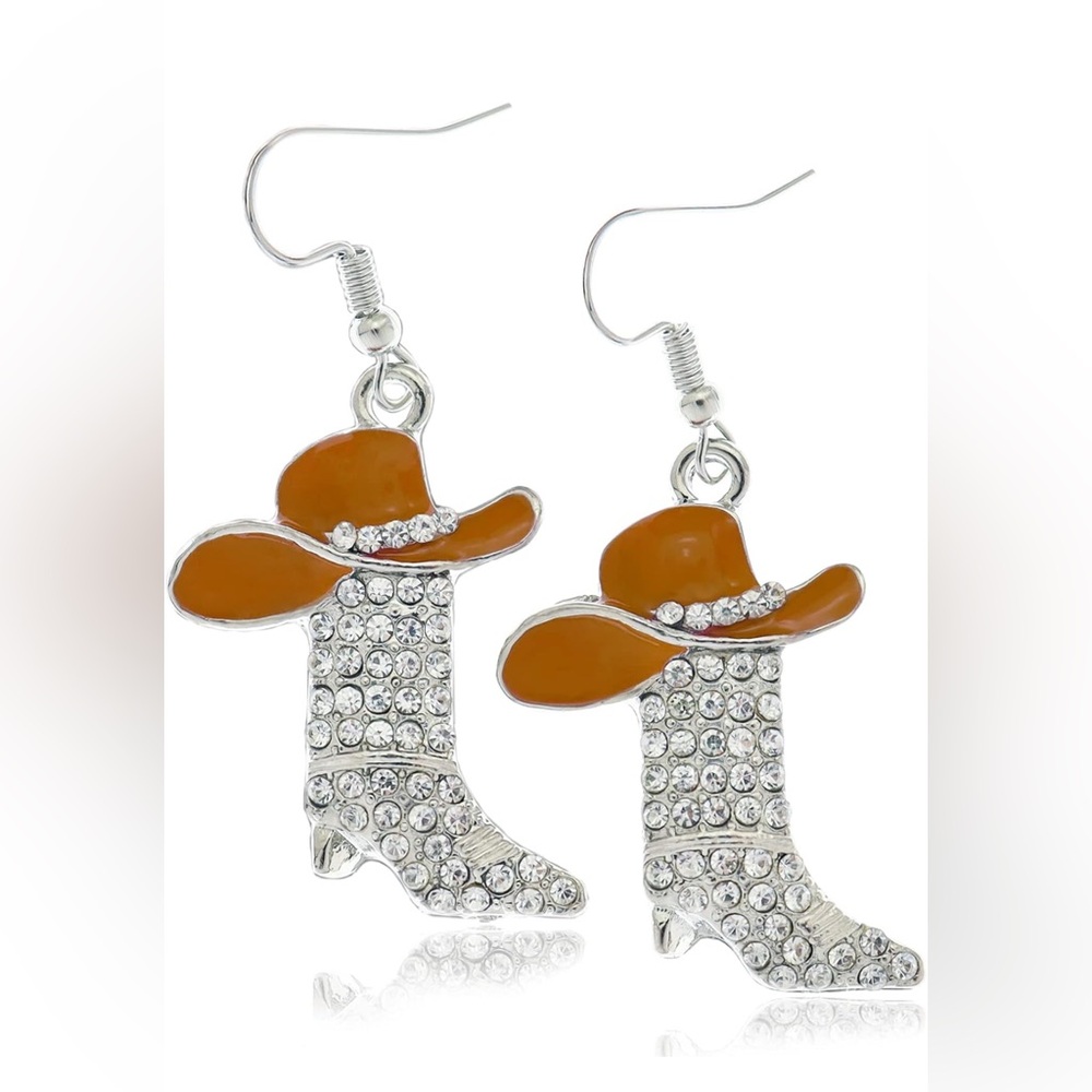 Silver and Orange Cowboy Boot Earrings